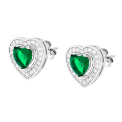 PARURE SET ORECCHINI E CIONDOLO CUORE VERDE SMERALDO CONTORNATO DA CUBIC ZIRCONIA BIANCHI IN ARGENTO 925 GALVANICA RODIO