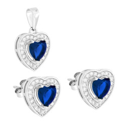 PARURE SET ORECCHINI E CIONDOLO CUORE BLU ZAFFIRO CONTORNATO DA CUBIC ZIRCONIA BIANCHI IN ARGENTO 925 GALVANICA RODIO