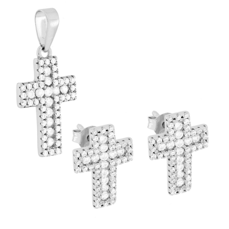 PARURE SET ORECCHINI E CIONDOLO CROCE CON CUBIC ZIRCONIA BIANCHI IN ARGENTO 925 GALVANICA RODIO