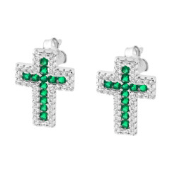 PARURE SET ORECCHINI E CIONDOLO CROCE CON CUBIC ZIRCONIA VERDE SMERALDO E BIANCHI IN ARGENTO 925 GALVANICA RODIO