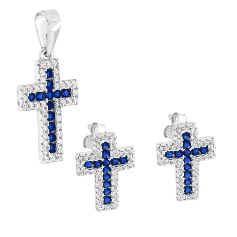 PARURE SET ORECCHINI E CIONDOLO CROCE CON CUBIC ZIRCONIA BLU ZAFFIRO E BIANCHI IN ARGENTO 925 GALVANICA RODIO
