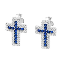 PARURE SET ORECCHINI E CIONDOLO CROCE CON CUBIC ZIRCONIA BLU ZAFFIRO E BIANCHI IN ARGENTO 925 GALVANICA RODIO