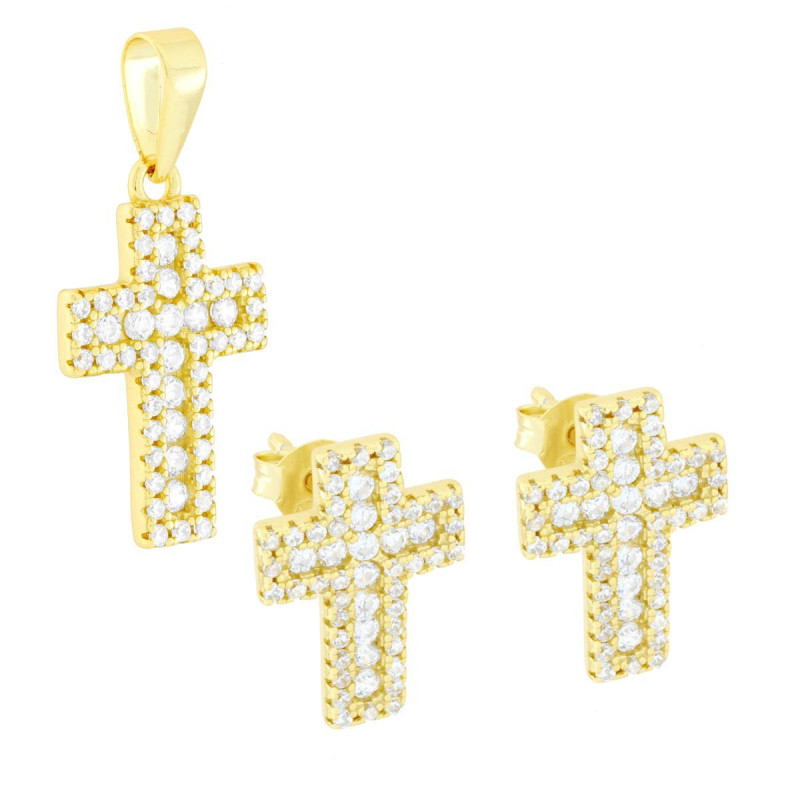 PARURE SET ORECCHINI E CIONDOLO CROCE CON CUBIC ZIRCONIA BIANCHI IN ARGENTO 925 GALVANICA ORO