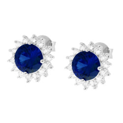 PARURE SET ORECCHINI E CIONDOLO TONDO BLU ZAFFIRO CONTORNATO DA CUBIC ZIRCONIA BIANCHI IN ARGENTO 925 GALVANICA RODIO