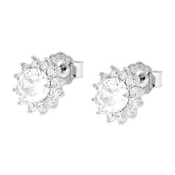 PARURE SET ORECCHINI E CIONDOLO TONDO BIANCO CONTORNATO DA CUBIC ZIRCONIA BIANCHI IN ARGENTO 925 GALVANICA RODIO