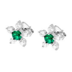 PARURE SET ORECCHINI E CIONDOLO FIORE CON CUBIC ZIRCONIA VERDE SMERALDO E BIANCHI IN ARGENTO 925 GALVANICA RODIO