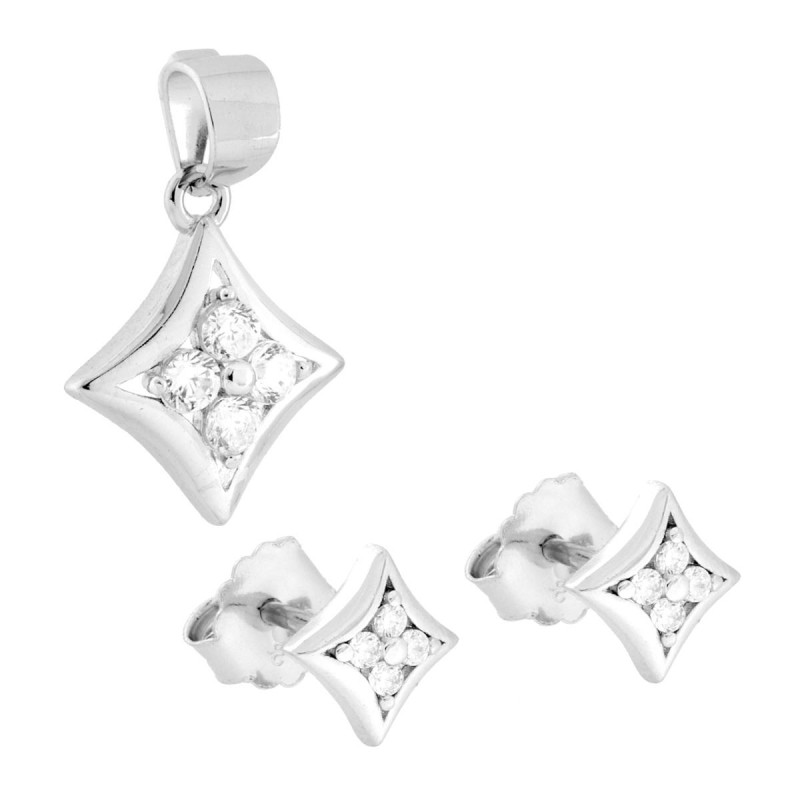 PARURE SET ORECCHINI E CIONDOLO STELLA CON CUBIC ZIRCONIA BIANCHI IN ARGENTO 925 GALVANICA RODIO
