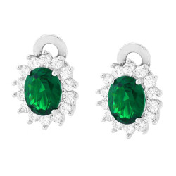 ORECCHINI CLIP OVALE VERDE SMERALDO CONTORNATO DA CUBIC ZIRCONIA BIANCHI IN ARGENTO 925 GALVANICA RODIO