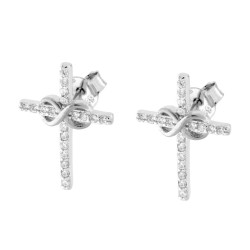 PARURE SET ORECCHINI E CIONDOLO CROCE CON CUBIC ZIRCONIA BIANCHI E INFINITO IN ARGENTO 925 GALVANICA RODIO