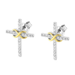 PARURE SET ORECCHINI E CIONDOLO CROCE CON CUBIC ZIRCONIA BIANCHI E INFINITO COLORE ORO IN ARGENTO 925 GALVANICA RODIO