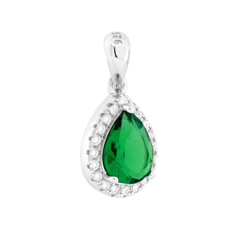 CIONDOLO GOCCIA VERDE SMERALDO CONTORNATO DA CUBIC ZIRCONIA BIANCHI IN ARGENTO 925 GALVANICA RODIO