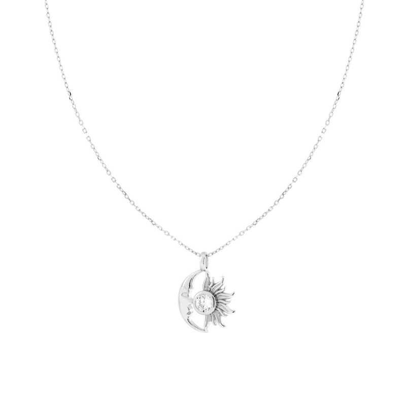 COLLANA CATENA FORZATINA DIAMANTATA SOLE LUNA CON CUBIC ZIRCONIA BIANCO IN ARGENTO 925 GALVANICA RODIO