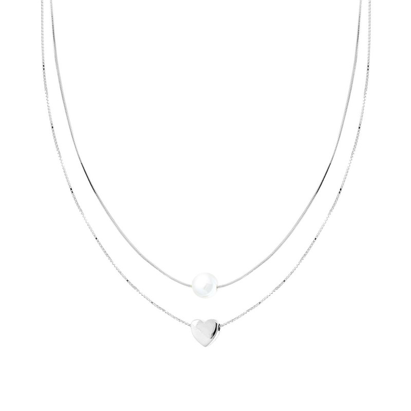 COLLANA DUE FILI CATENA VENEZIANA DIAMANTATA E CODA DI TOPO CON CUORE E PERLA CENTRALI IN ARGENTO 925 GALVANICA RODIO