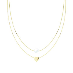 COLLANA DUE FILI CATENA VENEZIANA DIAMANTATA E CODA DI TOPO CON CUORE E PERLA CENTRALI IN ARGENTO 925 GALVANICA ORO
