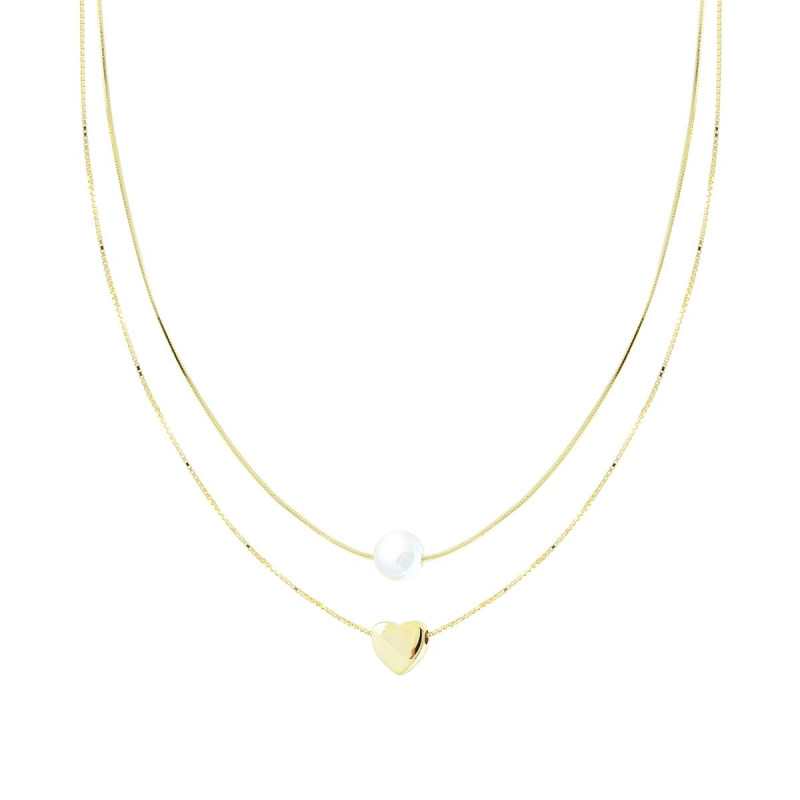 COLLANA DUE FILI CATENA VENEZIANA DIAMANTATA E CODA DI TOPO CON CUORE E PERLA CENTRALI IN ARGENTO 925 GALVANICA ORO