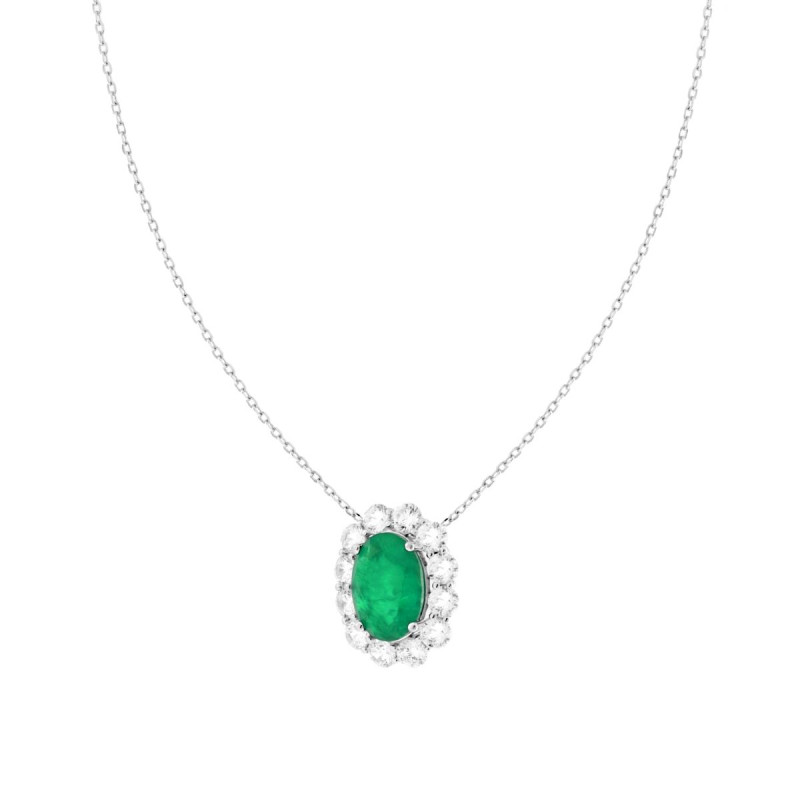 COLLANA CATENA FORZATINA DIAMANTATA OVALE VERDE SMERALDO CONTORNATO DA CUBIC ZIRCONIA BIANCHI IN ARGENTO 925 GALVANICA RODIO