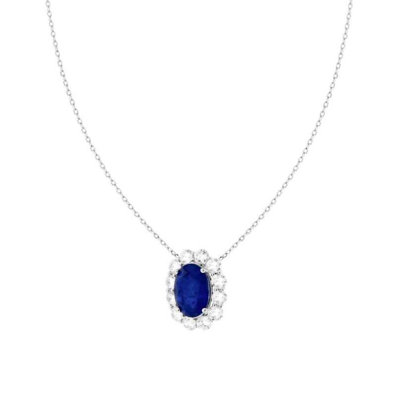 COLLANA CATENA FORZATINA DIAMANTATA OVALE BLU ZAFFIRO CONTORNATO DA CUBIC ZIRCONIA BIANCHI IN ARGENTO 925 GALVANICA RODIO