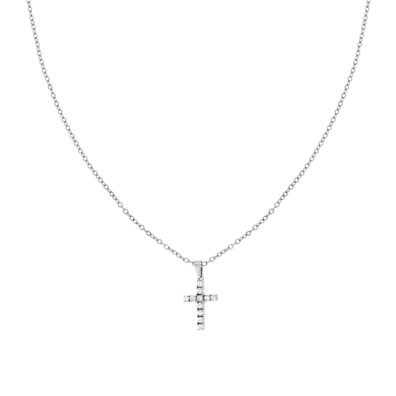 COLLANA CATENA FORZATINA DIAMANTATA E CROCE CON CRYSTAL BIANCHI IN ACCIAIO