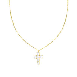 COLLANA CATENA FORZATINA DIAMANTATA CON CROCE E CRYSTAL BIANCHI IN ACCIAIO COLORE ORO