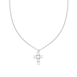 COLLANA CATENA FORZATINA DIAMANTATA CON CROCE E CRYSTAL BIANCHI IN ACCIAIO