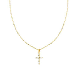 COLLANA CATENA FORZATINA DIAMANTATA CON CROCE E CRYSTAL BIANCHI IN ACCIAIO COLORE ORO