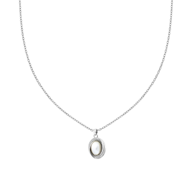 COLLANA CATENA FORZATINA DIAMANTATA CON OVALE DIAMANTATO CON PERLA IN ACCIAIO E OTTONE