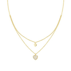 COLLANA DUE FILI CATENA FORZATINA DIAMANTATA CON CUORI E CRYSTAL BIANCHI IN ACCIAIO E OTTONE COLORE ORO