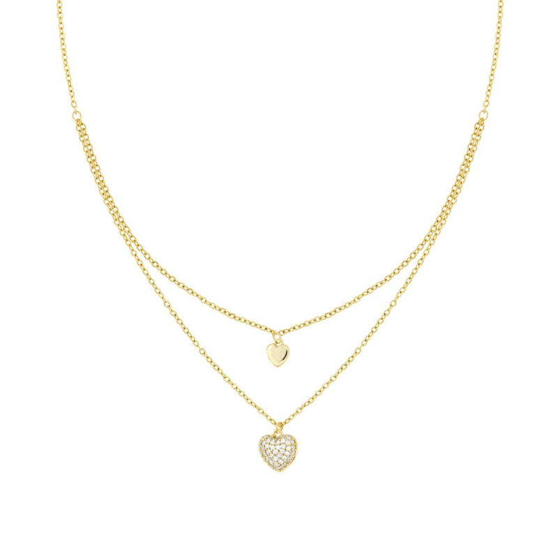 COLLANA DUE FILI CATENA FORZATINA DIAMANTATA CON CUORI E CRYSTAL BIANCHI IN ACCIAIO E OTTONE COLORE ORO