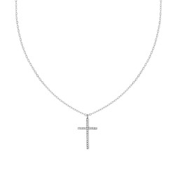 COLLANA CATENA FORZATINA DIAMANTATA CON CROCE E CRYSTAL BIANCHI IN ACCIAIO