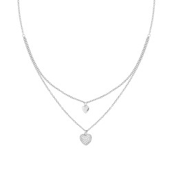 COLLANA DUE FILI CATENA FORZATINA DIAMANTATA CON CUORI E CRYSTAL BIANCHI IN ACCIAIO E OTTONE