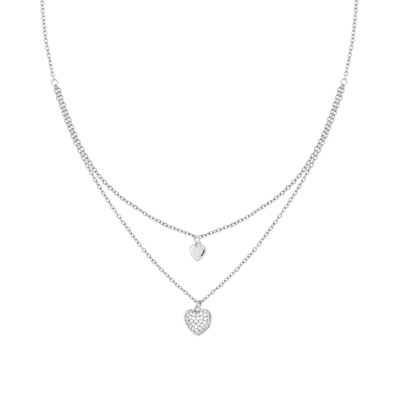 COLLANA DUE FILI CATENA FORZATINA DIAMANTATA CON CUORI E CRYSTAL BIANCHI IN ACCIAIO E OTTONE