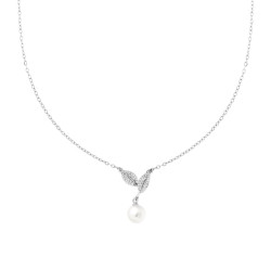 COLLANA CATENA FORZATINA CON FOGLIE CRYSTAL BIANCHI E PERLA IN ACCIAIO E OTTONE