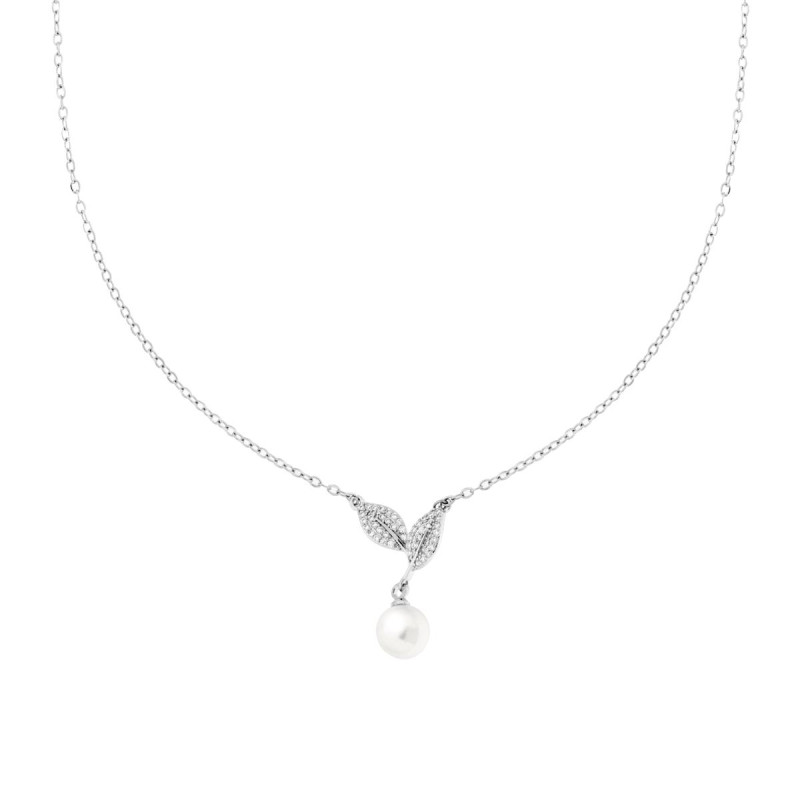COLLANA CATENA FORZATINA CON FOGLIE CRYSTAL BIANCHI E PERLA IN ACCIAIO E OTTONE