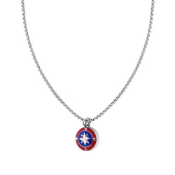 COLLANA CATENA VENEZIANA TONDA CON ROSA DEI VENTI SMALTO ROSSO E BLU IN ACCIAIO