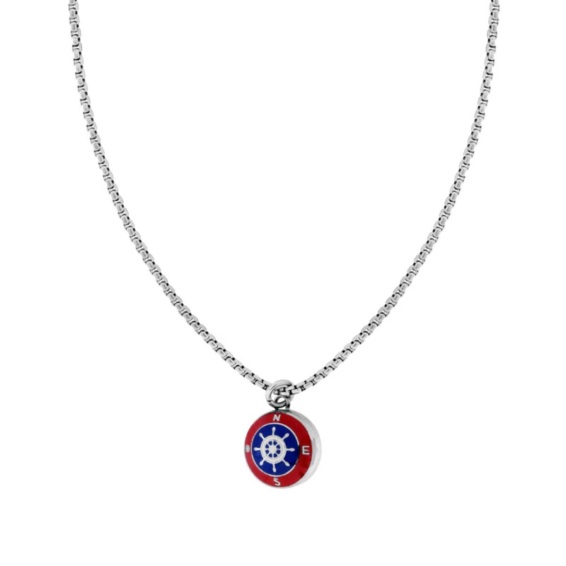 COLLANA CATENA VENEZIANA TONDA CON TIMONE SMALTO ROSSO E BLU IN ACCIAIO
