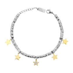 BRACCIALE CATENA CON CILINDRI MARTELLATI E STELLE COLORE ORO CON CRYSTAL BIANCHI IN ACCIAIO