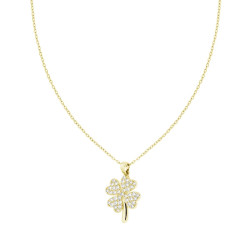 COLLANA CATENA FORZATINA DIAMANTATA CON QUADRIFOGLIO E CRYSTAL BIANCHI N ACCIAIO COLORE ORO