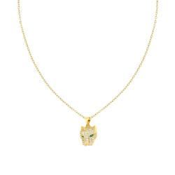 COLLANA CATENA FORZATINA DIAMANTATA CON TESTA DI PANTERA E CRYSTAL BIANCHI E VERDE SMERALDO IN ACCIAIO COLORE ORO