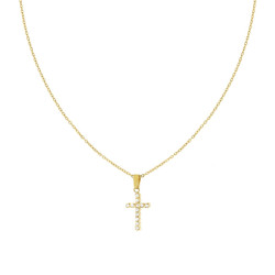 COLLANA CATENA FORZATINA DIAMANTATA CON CROCE E CRYSTAL BIANCHI IN ACCIAIO COLORE ORO