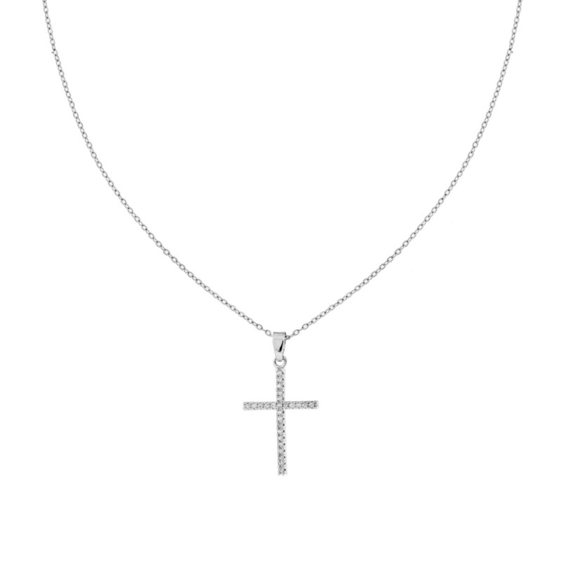 COLLANA CATENA FORZATINA DIAMANTATA CON CROCE E CRYSTAL BIANCHI IN ACCIAIO