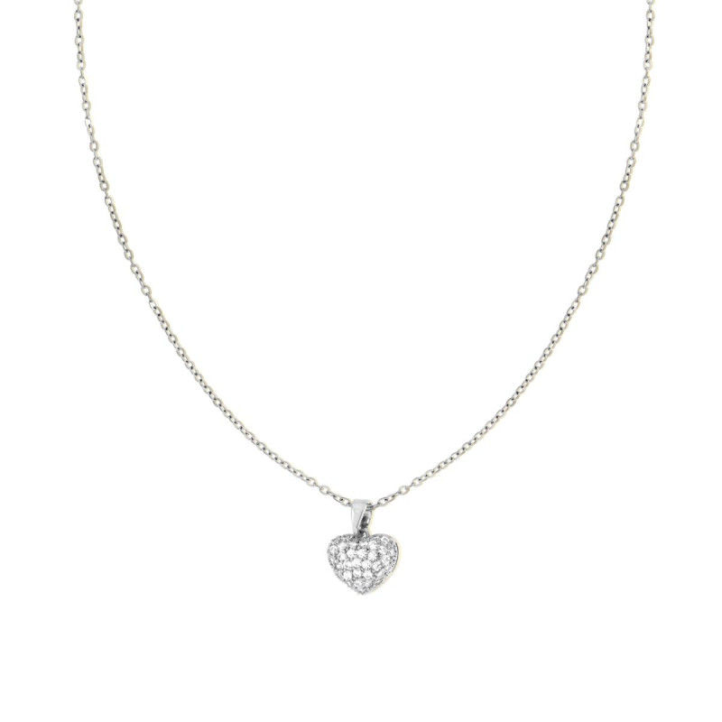 COLLANA CATENA FORZATINA DIAMANTATA CON CUORE BOMBATO E CRYSTAL BIANCHI IN ACCIAIO