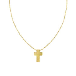 COLLANA CATENA FORZATINA DIAMANTATA CON CROCE E CRYSTAL BIANCHI IN ACCIAIO COLORE ORO
