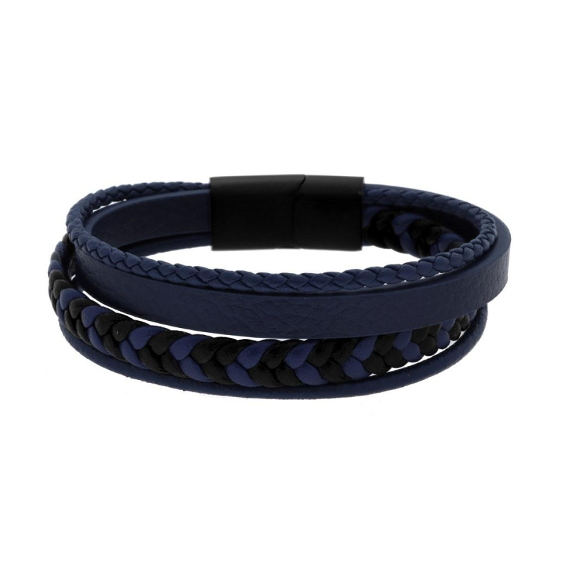 BRACCIALE UOMO MULTIFILO IN ECOPELLE BLU E NERO A TRECCE IN ACCIAIO