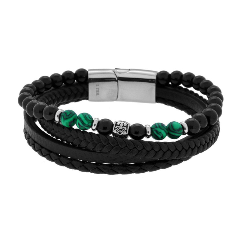 BRACCIALE UOMO MULTIFILO IN ECOPELLE NERO CON PALLINE NERE E VERDE MALACHITE IN ACCIAIO