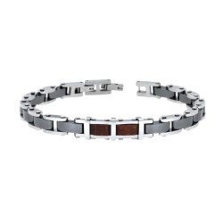 BRACCIALE UOMO MAGLIA IMPERNIATA IN CERAMICA ANTRACITE E INSERTO IN LEGNO E ACCIAIO