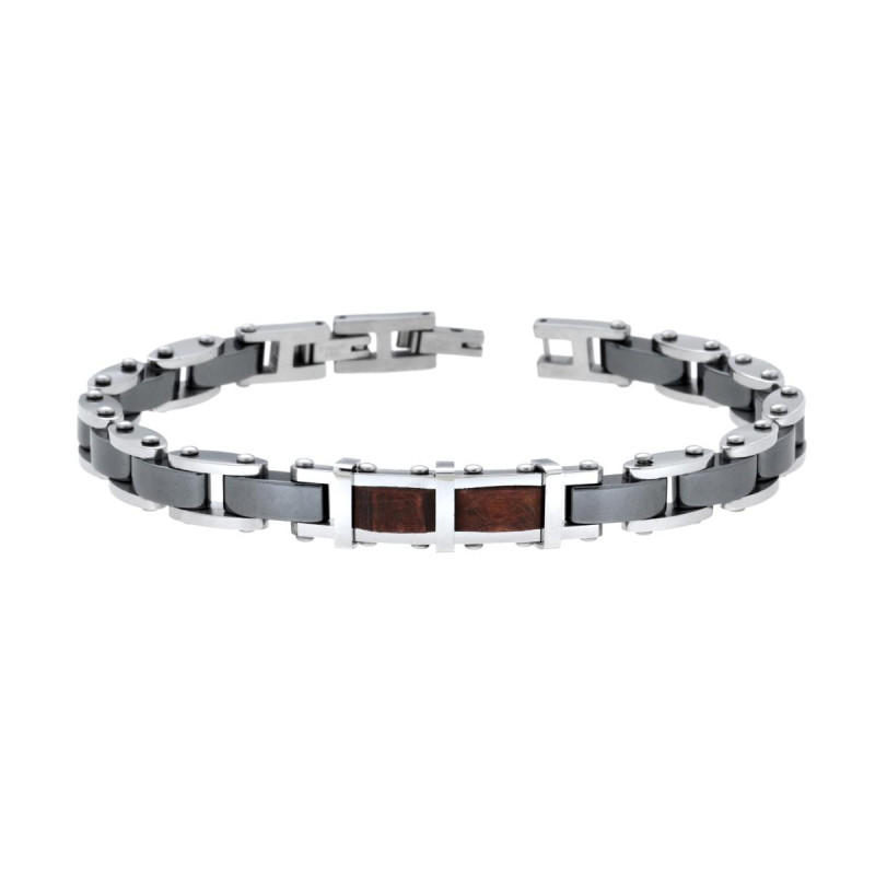 BRACCIALE UOMO MAGLIA IMPERNIATA IN CERAMICA ANTRACITE E INSERTO IN LEGNO E ACCIAIO