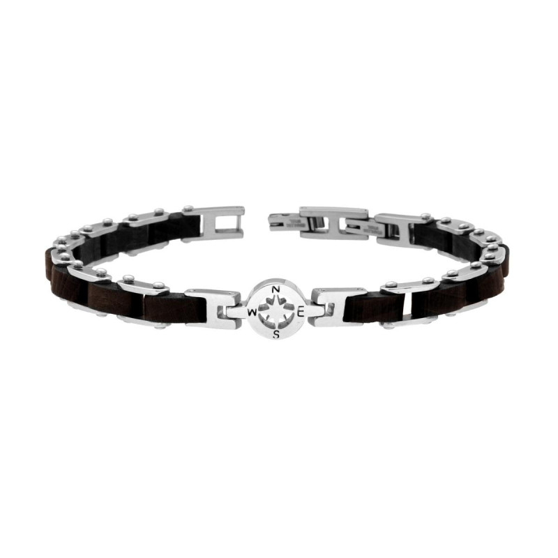 BRACCIALE UOMO MAGLIA IMPERNIATA IN LEGNO NERO E ROSA DEI VENTI IN ACCIAIO