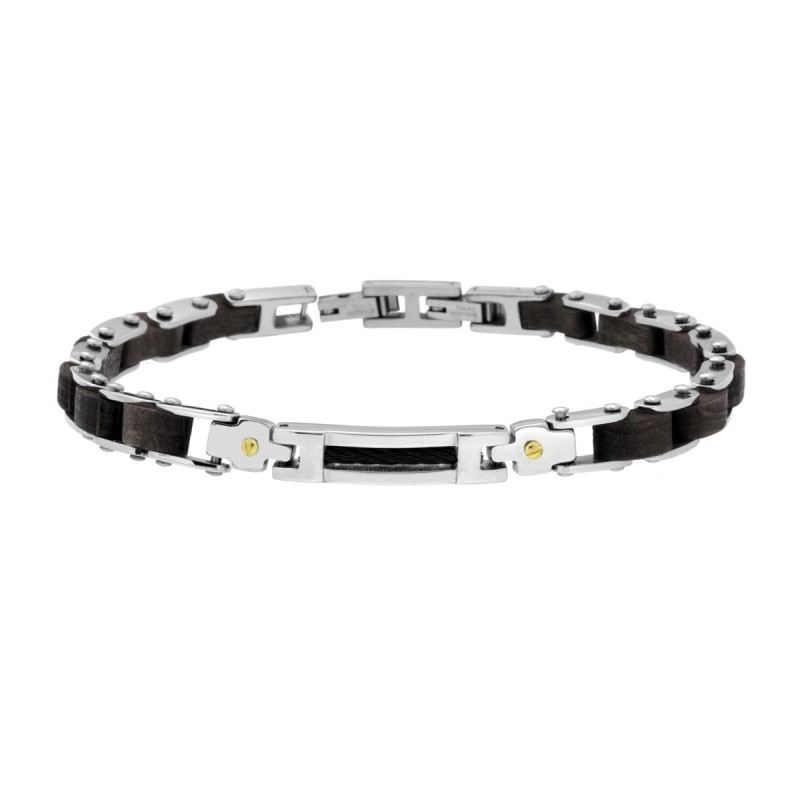 BRACCIALE UOMO MAGLIA IMPERNIATA IN LEGNO NERO E TARGA IN ACCIAIO