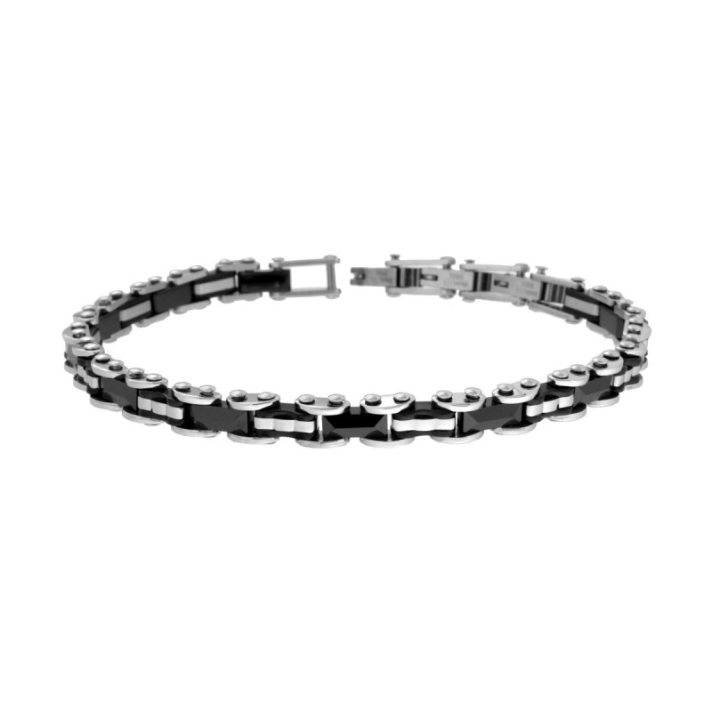 BRACCIALE UOMO MAGLIA IMPERNIATA CON CERAMICA NERA BUGNATA IN ACCIAIO