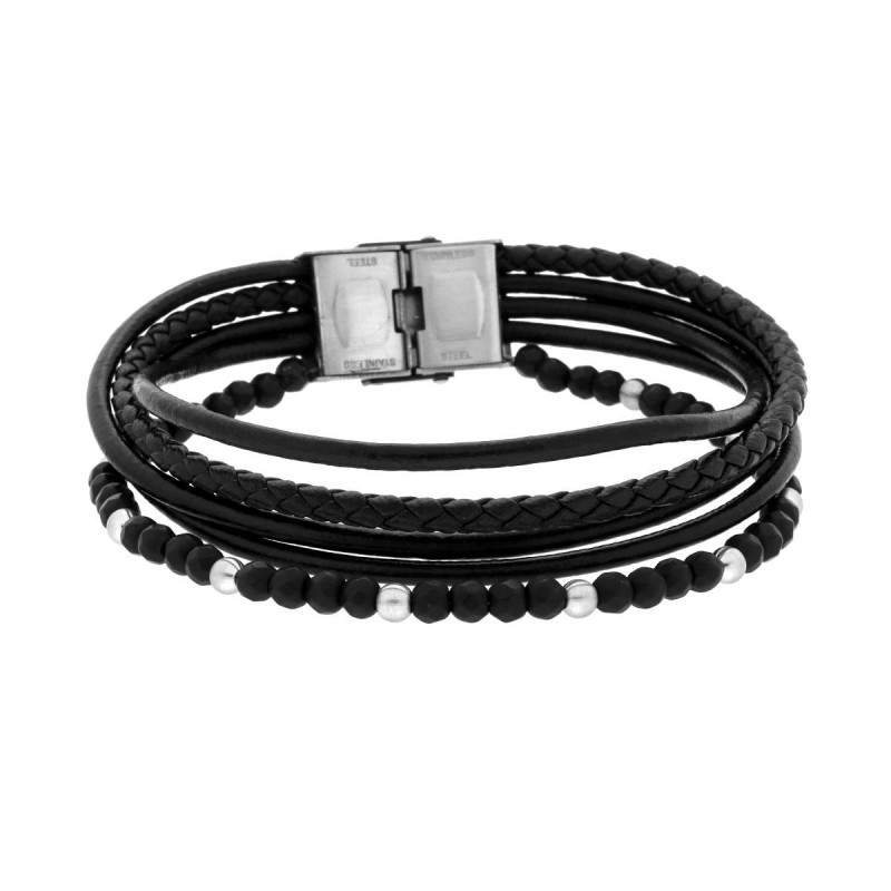 BRACCIALE UOMO MULTIFILO IN ECOPELLE NERO CON PALLINE NERE DIAMANTATE IN ACCIAIO